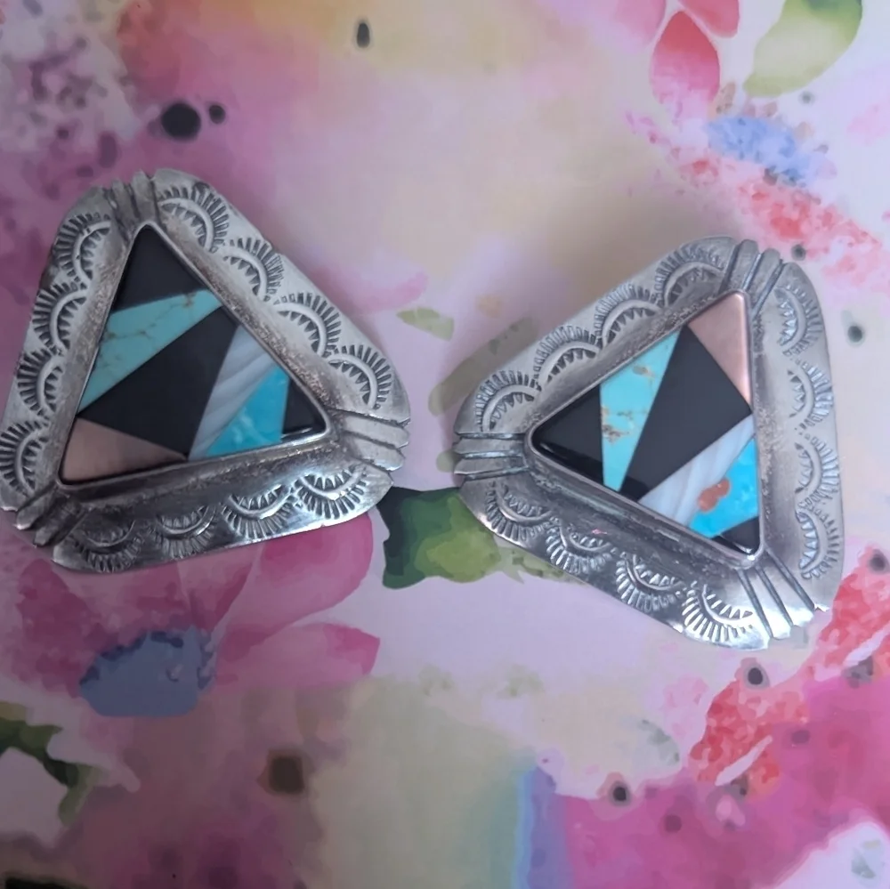 Sterling and Turquoise Geometric Earrings - Picture 2 of 4